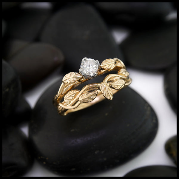 Leaf and Vine Wedding Set in 14K Yellow Gold