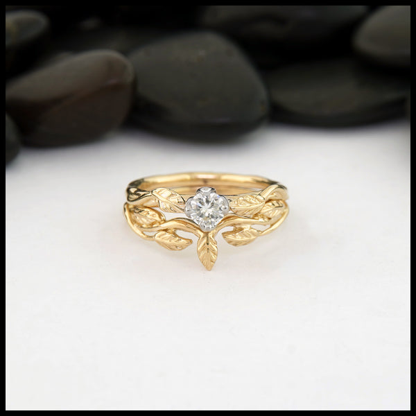 Leaf and Vine Wedding Set in 14K Yellow Gold