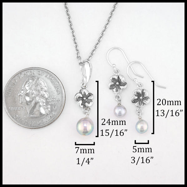 Dark Silver Pearl and Flower Pendant and Earring Set