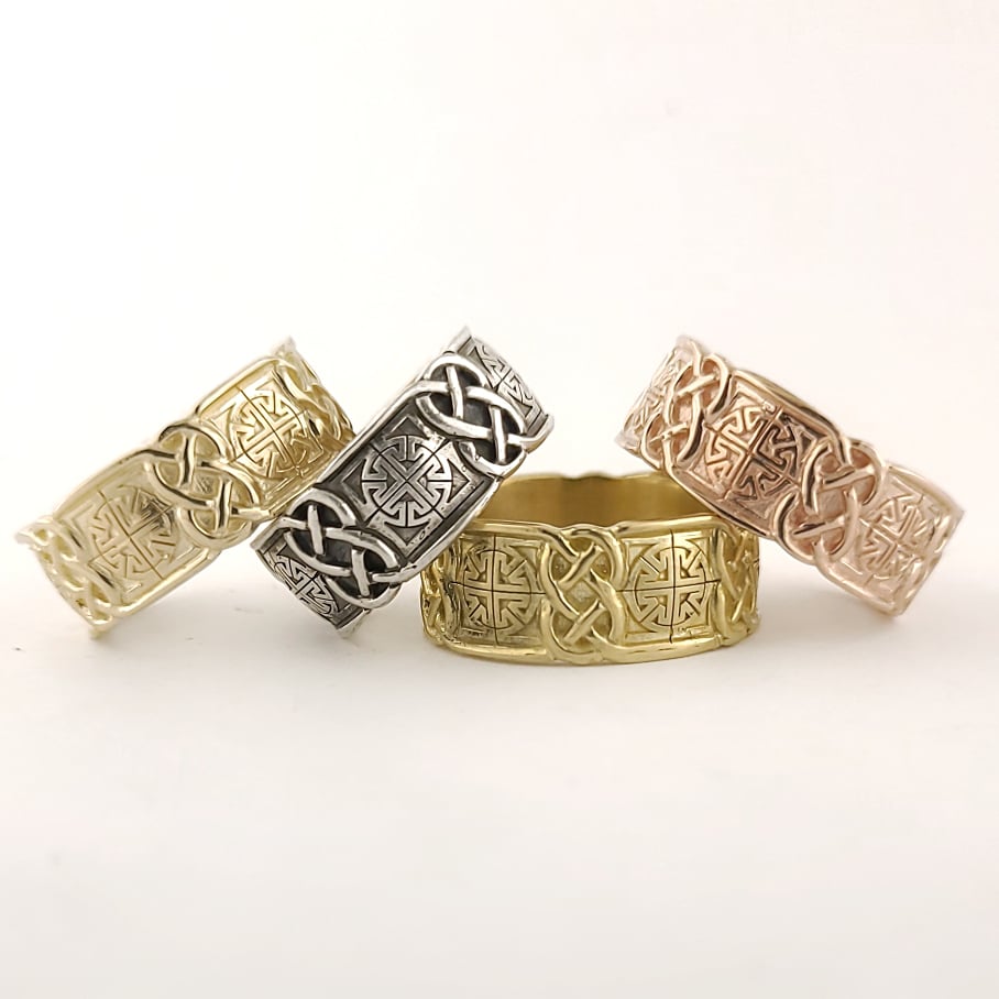 Variations of the MacDurnan ring in , from Left to Right, 14K Yellow gold, Sterling Silver, 18K Yellow, and 14K Rose gold. 