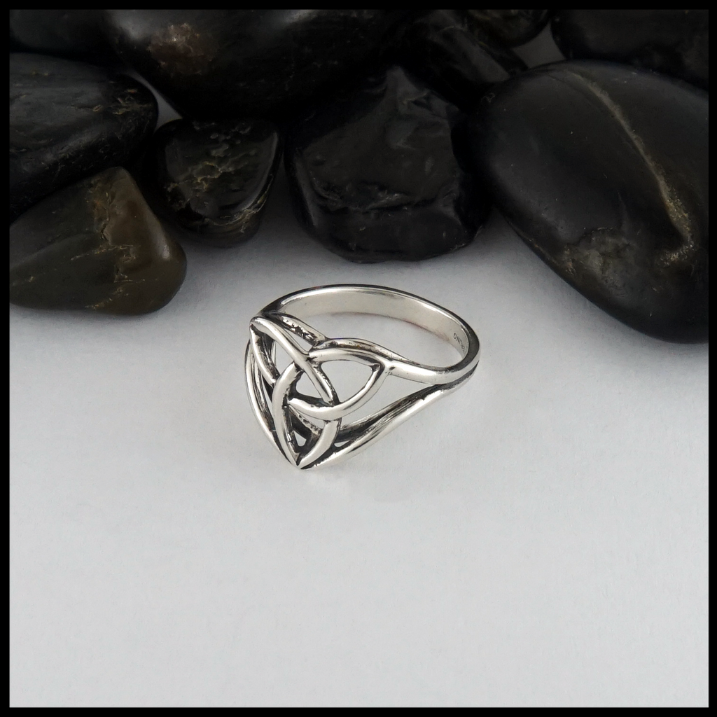 Trinity Knot ring in Sterling Silver with a cathedral profile.