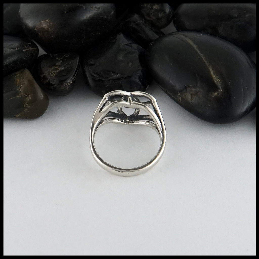 Reverse view of Trinity Knot ring in Sterling Silver with a cathedral profile.