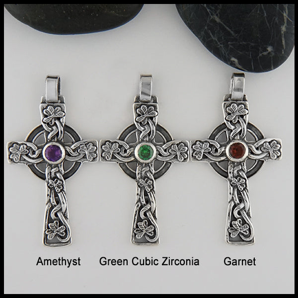 Three Celtic Shamrock crosses with Amethyst, Green Cubic Zirconia, and Garnet