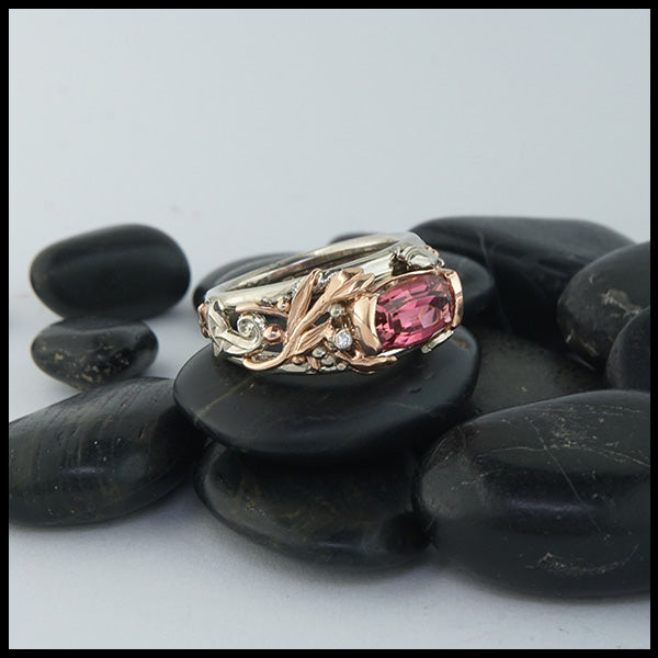 Pink Tourmaline and Diamond custom ring in gold