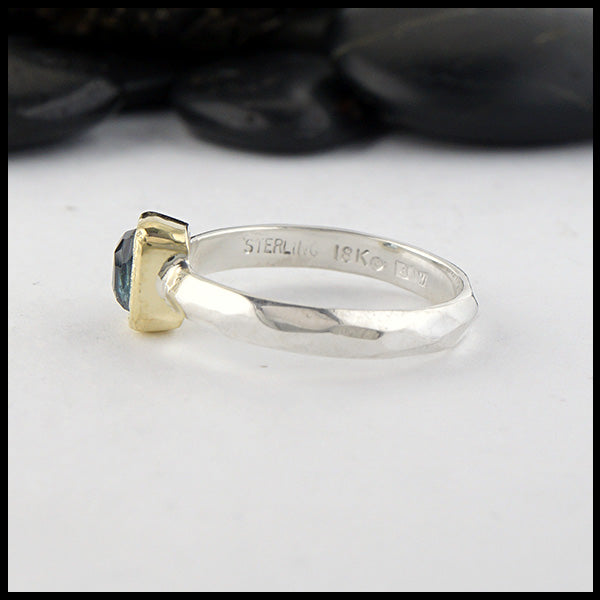 Rustic hand fabricated ring band stamped with Sterling Silver and 14K.