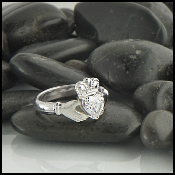 Moissanite Claddagh Ring designed by Walker Metalsmiths Celtic Jewelry