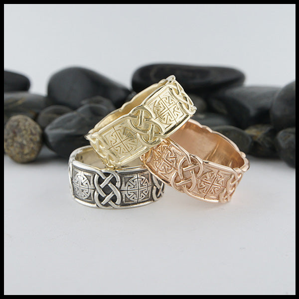 The MacDurnan ring in, from left to right, Sterling Silver, 14K Yellow gold, and 14K Rose gold. 