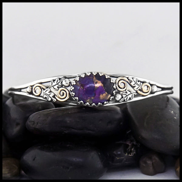 SS Oak Leaf Cuff Bracelet with Purple Turquoise