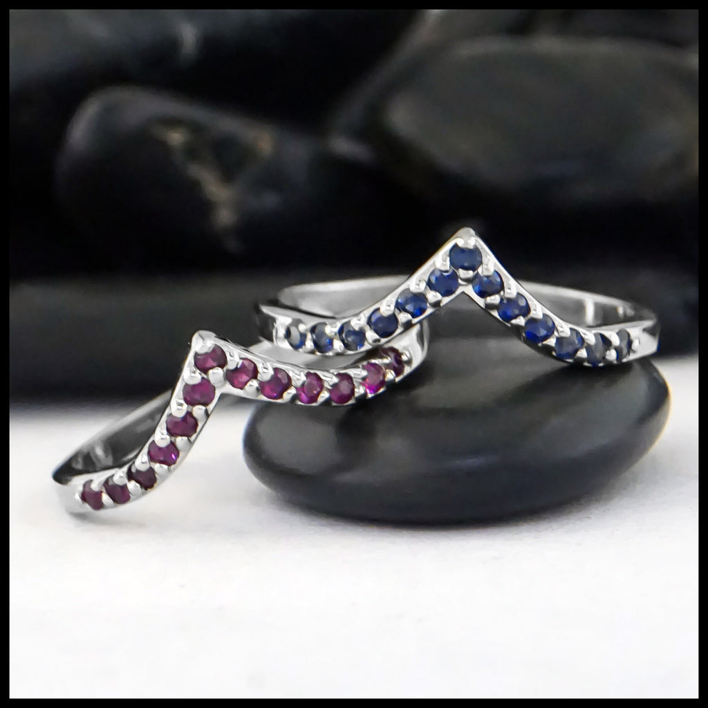 Chevron Stacking Bands on a rock Ruby left Sapphire Right