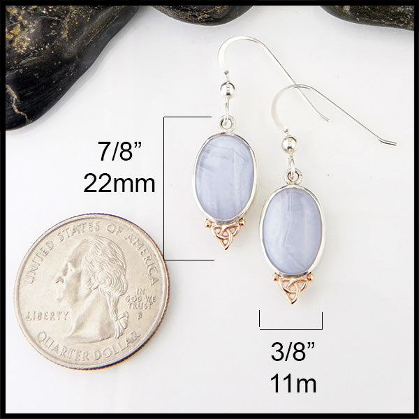 Blue Agate Trinity Knot Earrings in Sterling Silver and 14K Rose Gold measure 7/8" by 3/8"
