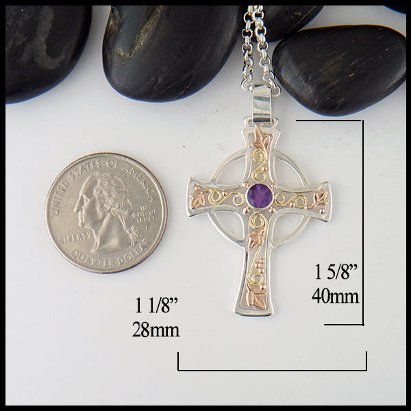 Large Celtic Cross with Ivy in Sterling Silver, 14K Rose Gold, and 18K Yellow gold with Amethyst measures 1 1/8" by 1 5/8"