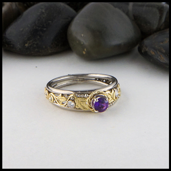 Purple sapphire and diamond ivy ring in gold