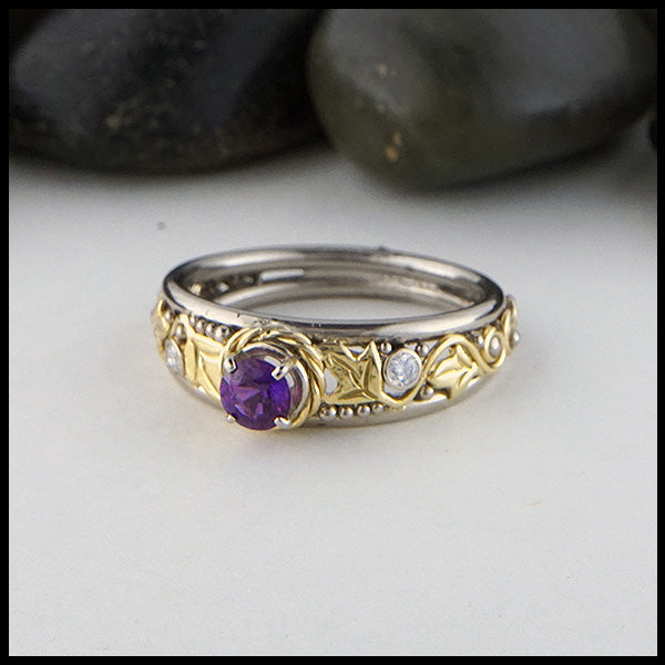 Purple sapphire and diamond ivy ring in gold