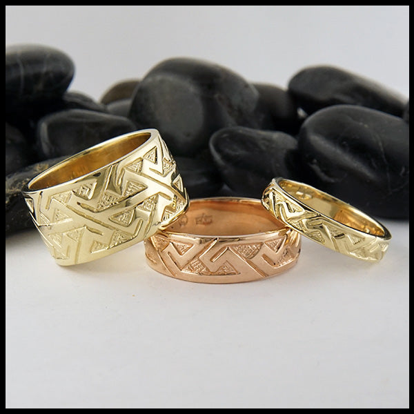 Three variations of Pictish Key Pattern rings in 14K yellow and rose gold