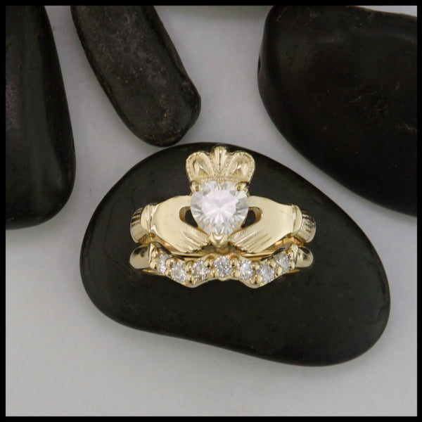 Heritage Claddagh Wedding Set in 14KW with 6mm Heart Moissanite