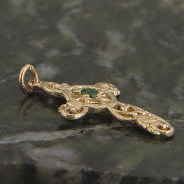 Profile view of Feminine Celtic Cross in 14K Gold with Gemstones