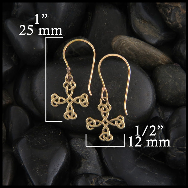 Celtic cross earrings in gold measure 1" by 1/2"