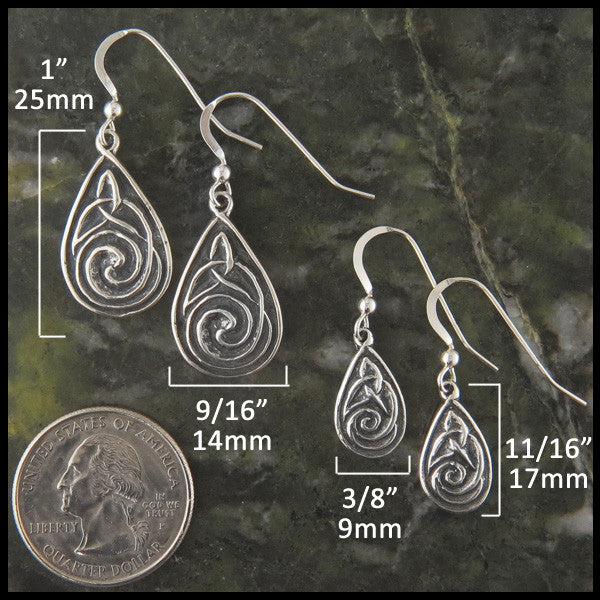 Large Celtic Drop Earrings measure 1" by 9/16" and Small Celtic Drop Earrings measure 3/8" by 11/16"
