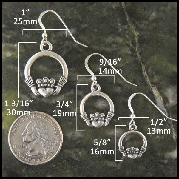 Large claddagh earrings are 1 3/16" by 1", Medium earrings are 3/4" by 9/16", and small earrings are 5/8" by 1/2"