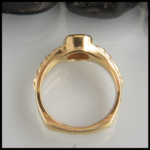 Profile view of Custom Rhodolite Garnet Ring in yellow gold