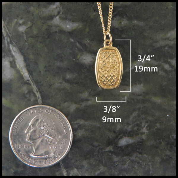 Dainty Celtic Knot pendant in 14K Yellow, Rose and White Gold measures 3/4" by 3/8"