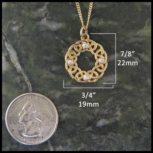 Josephine's Knot, Lover's Knot, pendant in 14K Gold with Diamonds measures 7/8" by 3/4"