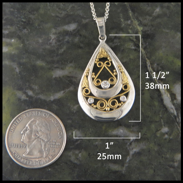 Ornate Gold and Sterling Silver Celtic Pendant and Earring Set with Diamonds