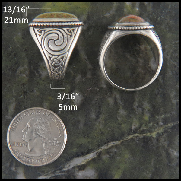Large Men's Celtic Ring with Stone in Sterling Silver measures 21mm at face and 5mm at band
