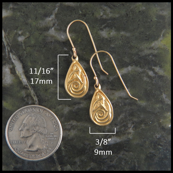 Triquetra tear drop earrings in Gold measure 11/16" by 3/8"