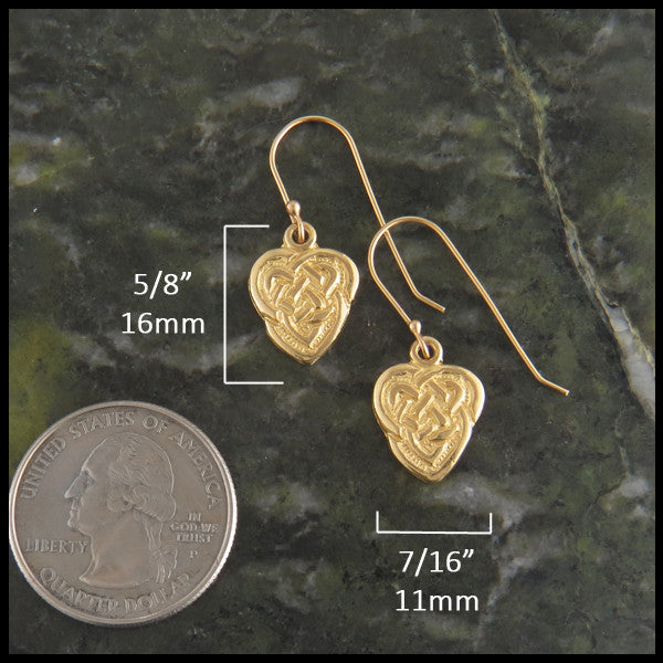 Gold Heart drop earrings measure 5/8" by 7/16"