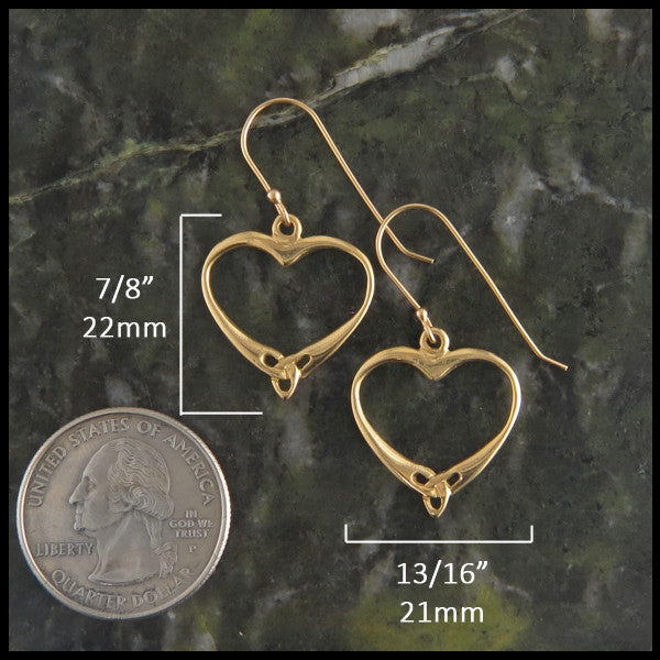 Celtic Open  Heart Knot Earrings in Gold measure 7/8" by 13/16"