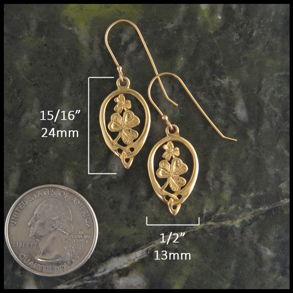Irish Shamrock earrings in  Gold measures 15/16" by 1/2"