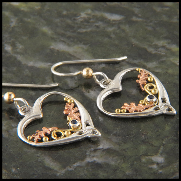 Heart and Oak leaf earrings in Silver and Gold