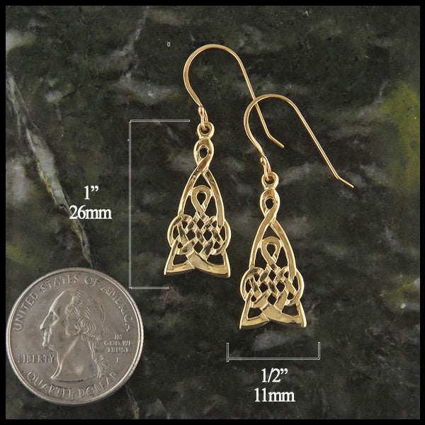 Mother's knot gold earrings measure 1" by 1/2"