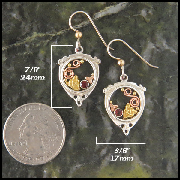Triquetra Earrings in Gold and Silver with Garnet