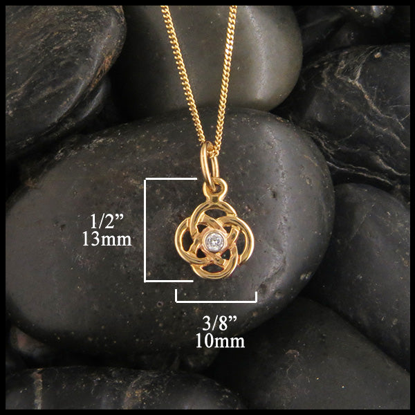 Dainty Josephine's Knot Pendant in Gold with Diamond measures 1/2" by 3/8"