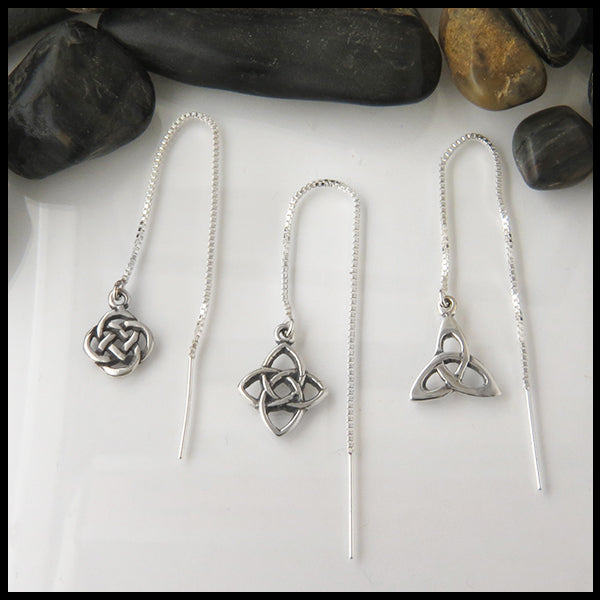 celtic knot threader earrings in three different knots