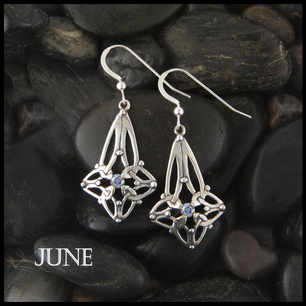 June Birthstone Celtic Trinity Star Earrings in Silver