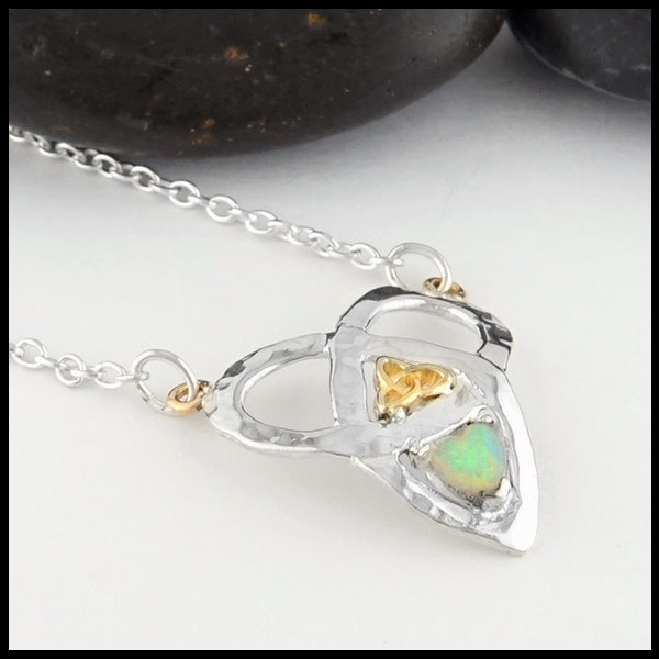Profile view Trinity Knot and Heart Shaped Opal Necklace