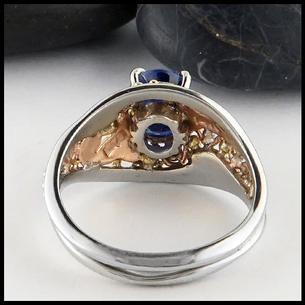 Reverse view of Custom frame ring in gold with Ceylon Sapphire