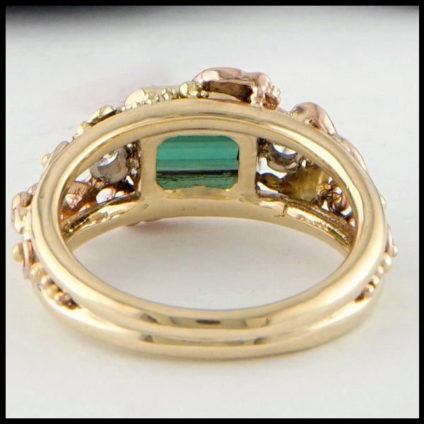 Rear view of Green Tourmaline and Diamond Gold Custom Ring