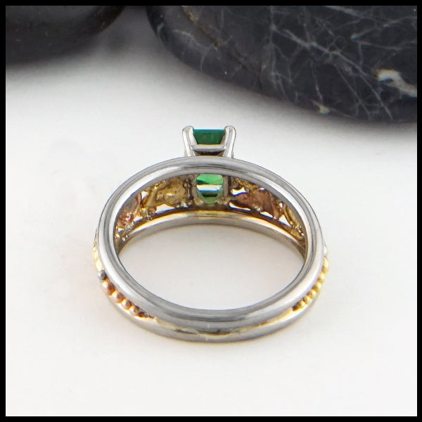 Reverse view of Emerald Cut Tsavorite Ring in yellow, white, and rose gold
