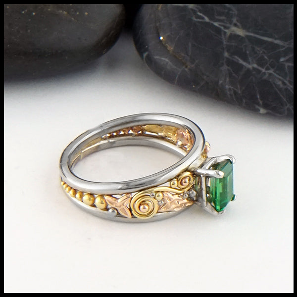 Emerald Cut Tsavorite Ring in yellow, white, and rose gold