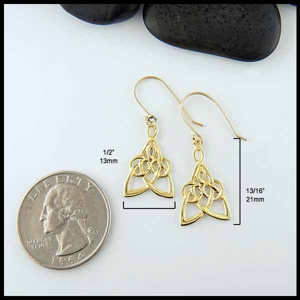 Small Mother's KNot drop earrings in gold measure 1/2" by 13/16"