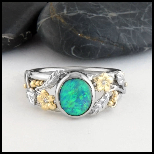 Front view of Floral Black Opal Gold Ring