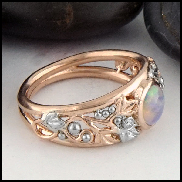 Profile view of Opal with Celtic Ivy Gold ring