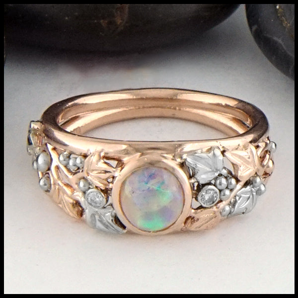 Front view of Opal with Celtic Ivy Gold ring
