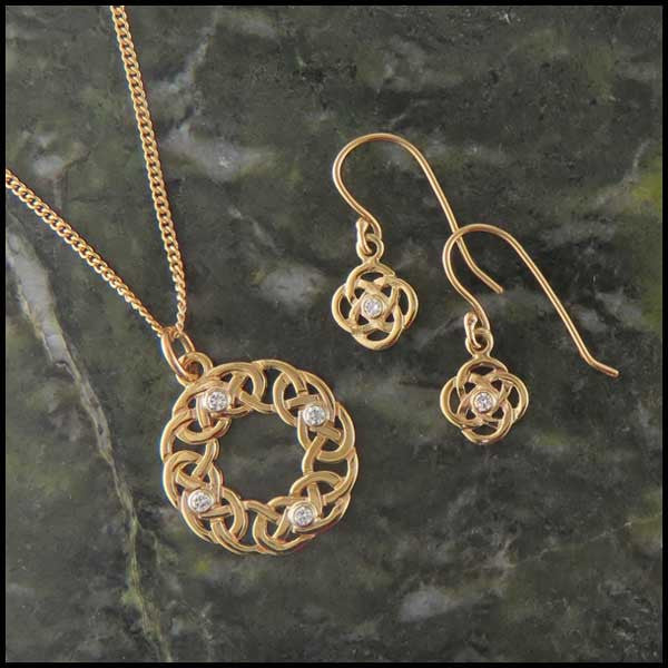 Josephine's Knot, Lover's Knot, pendant and earring set in 14K Gold with Diamonds