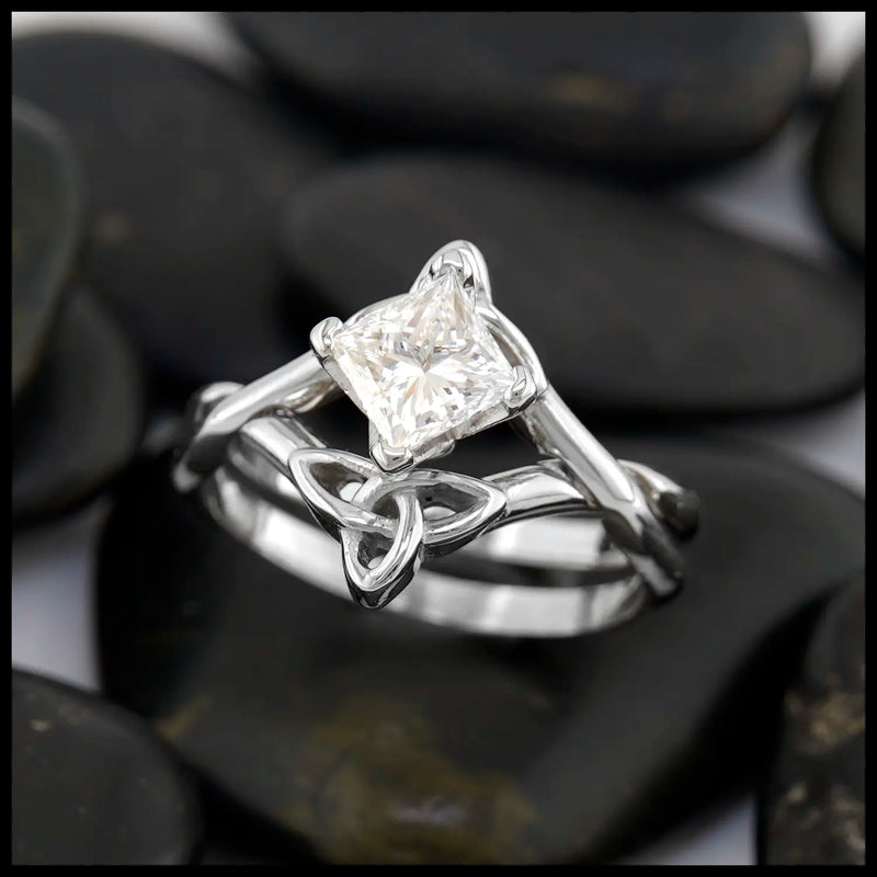 Celtic Trinity Knot Princess Cut Diamond Interlocking Wedding Ring Set