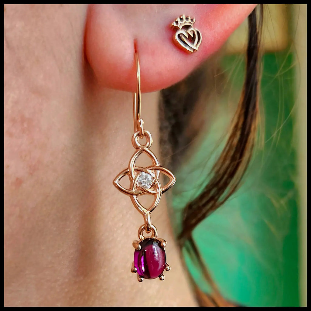 Purple garnet and Diamond Starlight Drop Earrings in 14K Rose Gold, Model also wears Luckenbooth Posts in 14KR